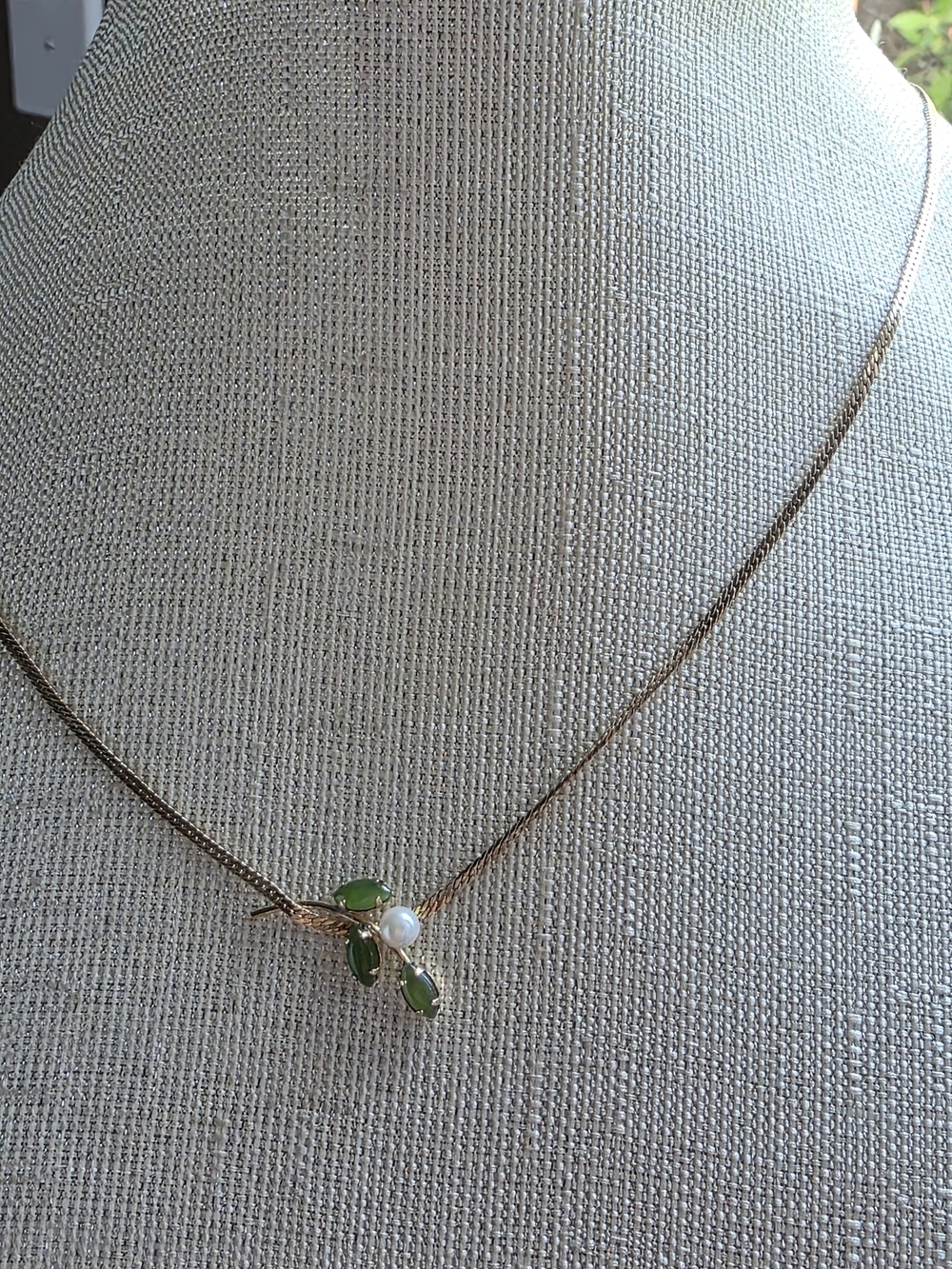 Vintage Carl-Art 14K Gold Filled Integrated Green Jade Marquise & Pearl Leaf Spr - Picture 9 of 11